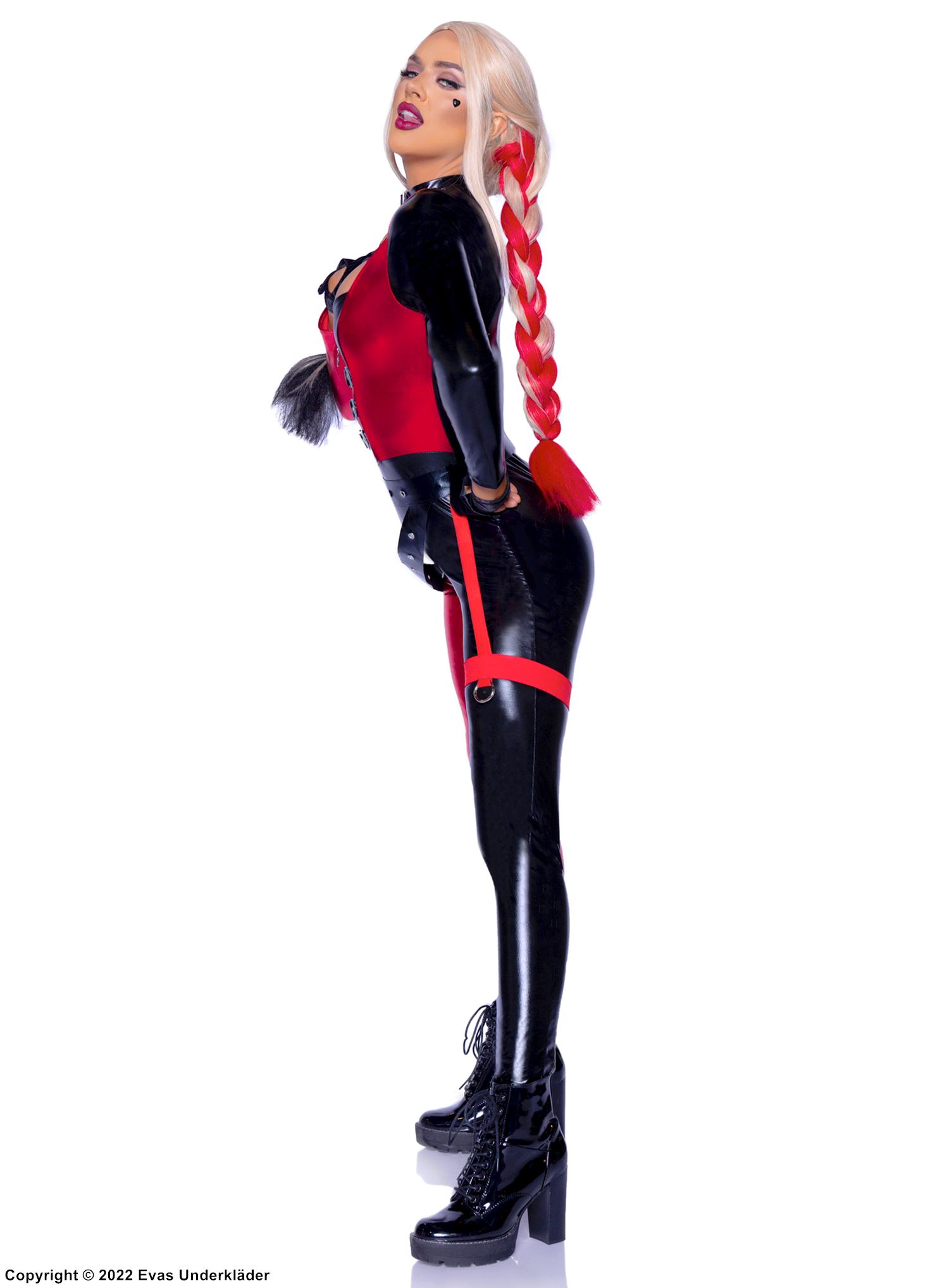 Female joker, costume catsuit, long sleeves, front zipper, built-in garter belt strap, buckles
